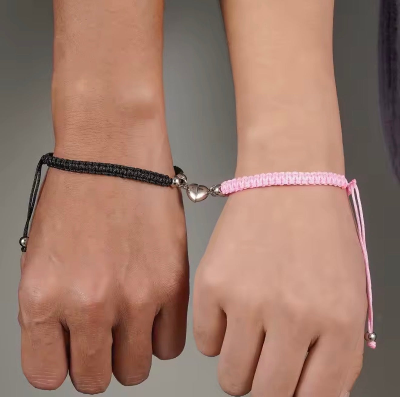 Pair Bracelets Black Pink with Magnetic Heart